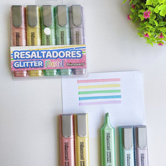 Resaltadores Pastel Glitter De Primavera X5 Unidades